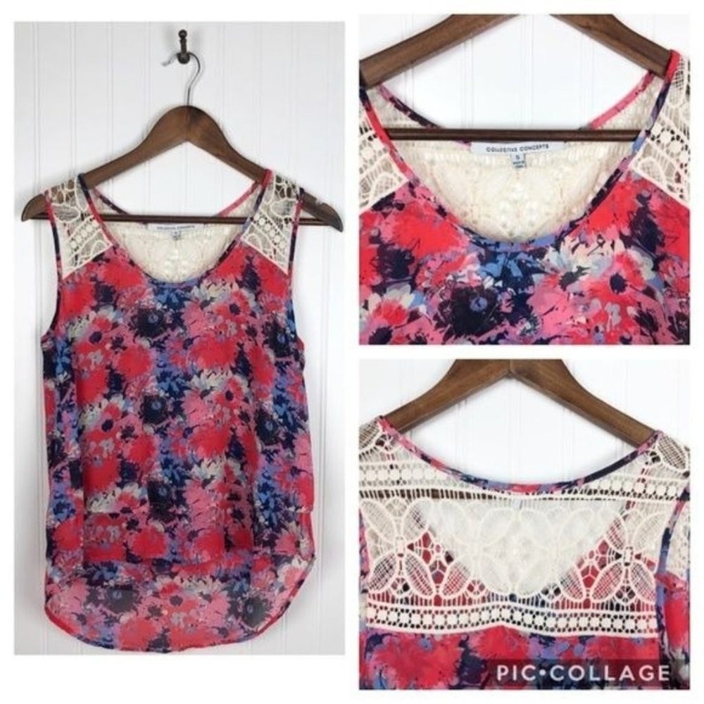 Collective Concepts Floral Lace Tank Top Blouse Women's Size‎ S Red Pink Blue